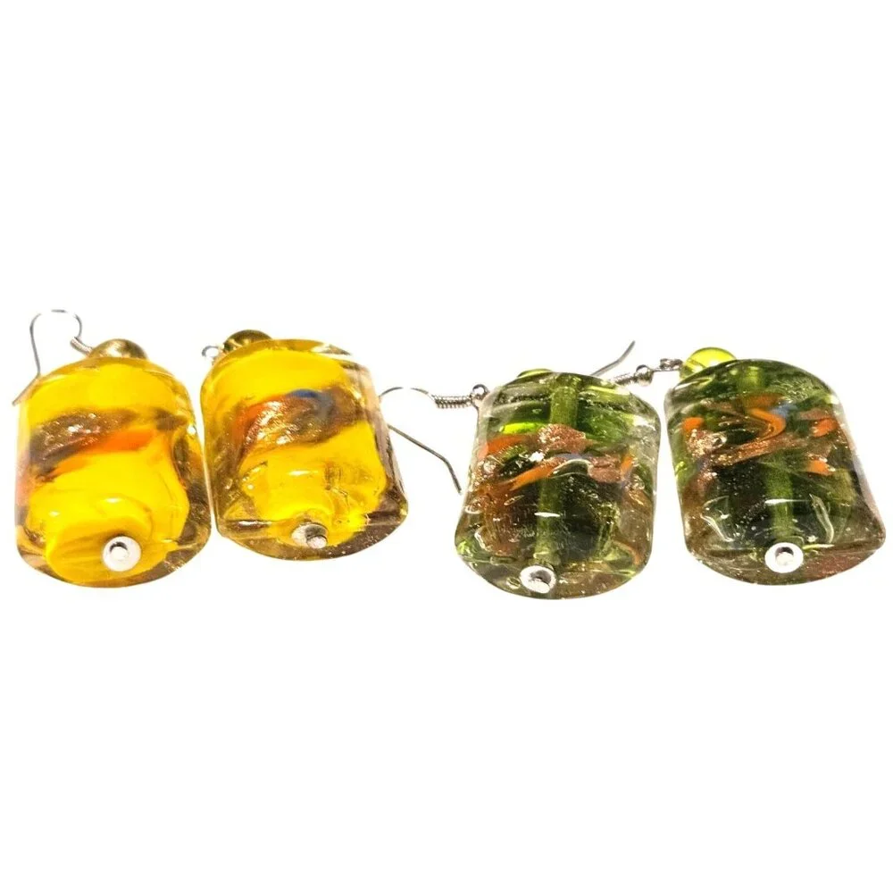 2 Vintage Earrings Hand Blown Art Glass Chunky Dangle With Hook Yellow‎ & Green
